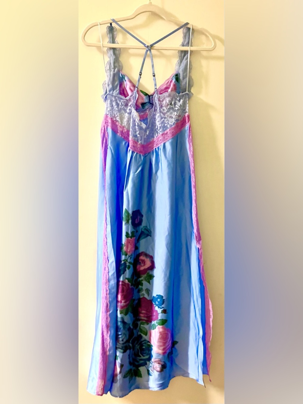Free People Periwinkle Blue and Orchid Pink Floral Lace-Trim/Satin Slip Dress: M - Picture 8 of 10